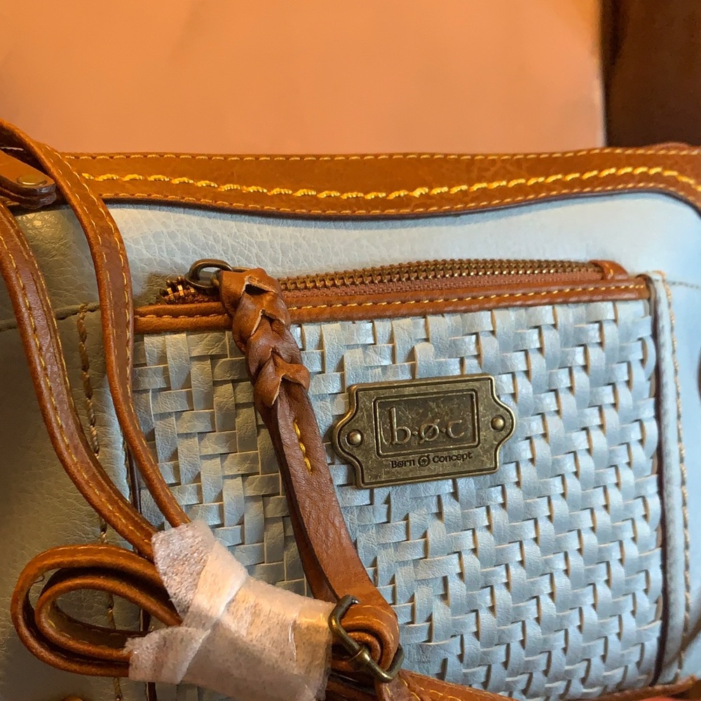 b.o.c. Woven Crossbody Bag in Light Blue and Tan